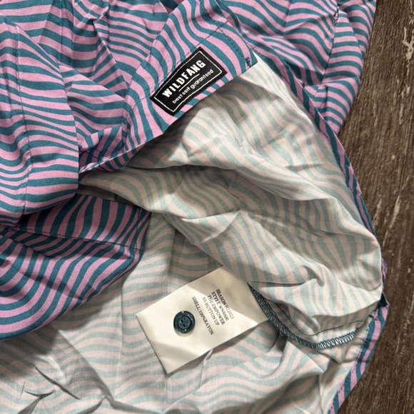 Wildfang Women's Button Up Short Sleeve Shirt Small Pink Groovy Teal Wave Print - Picture 4 of 5